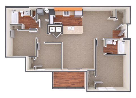 A floor plan of a house with a kitchen, living room, and bathroom.